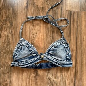Denim-Look Triangle Bikini Top in Faded Blue